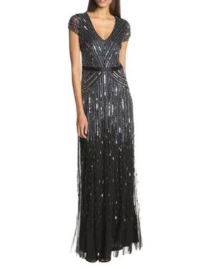 ADRIANNA PAPELL Evening Dress, 4, Sequins, Maxi, Short sleeves, V-neck